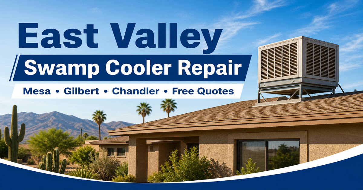 Licensed technician repairing a rooftop evaporative cooler at an East Valley home in Mesa or Gilbert, Arizona